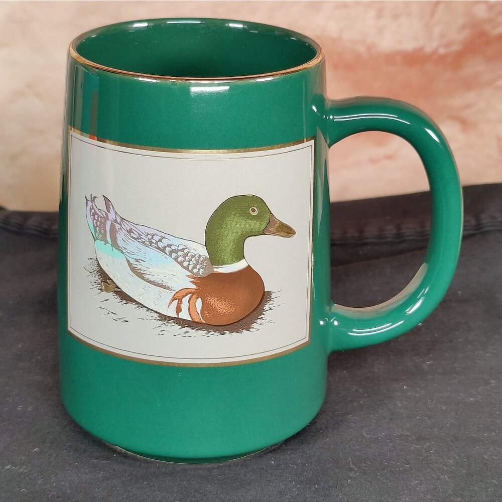 OTAGIRI JAPAN Ceramic Coffee Mug Male Mallard Duck Design Green w/ Gold Accents